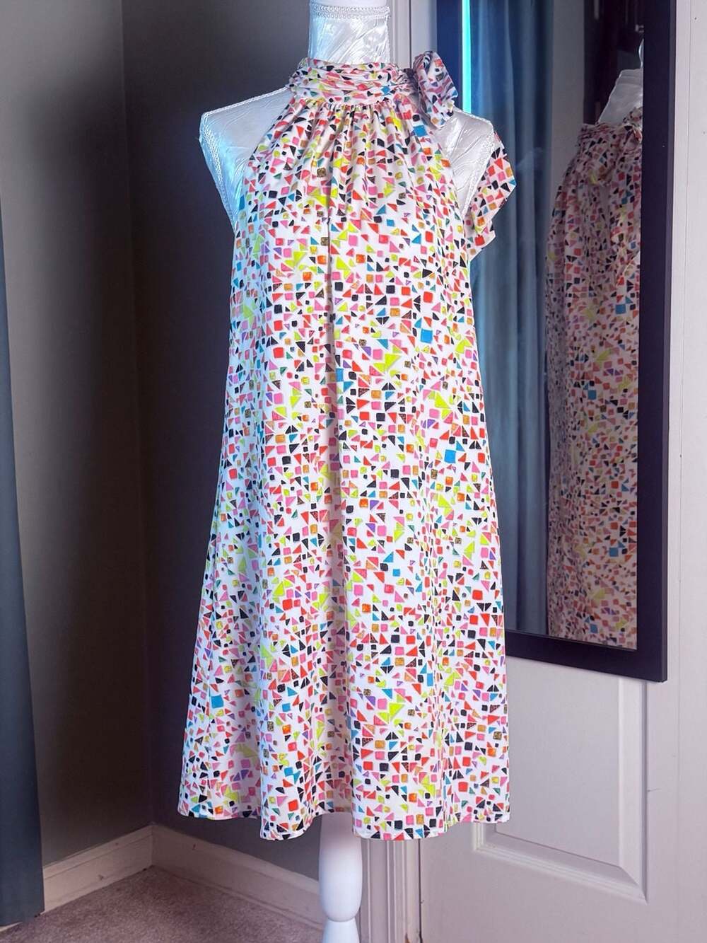CeCe Size 6 Multicolor Geometric Halter Tie Neck Midi Dress Mod Dopamine 60s